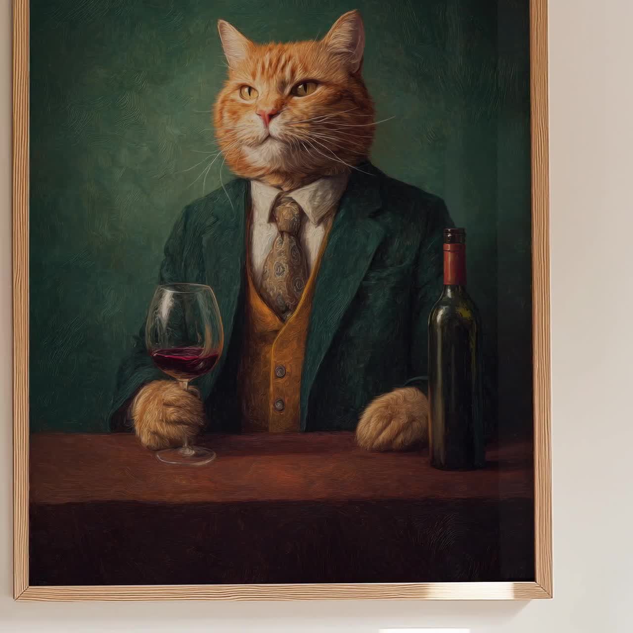 ワイングラスを持つオレンジ色の猫の絵画プリント | ムーディーで